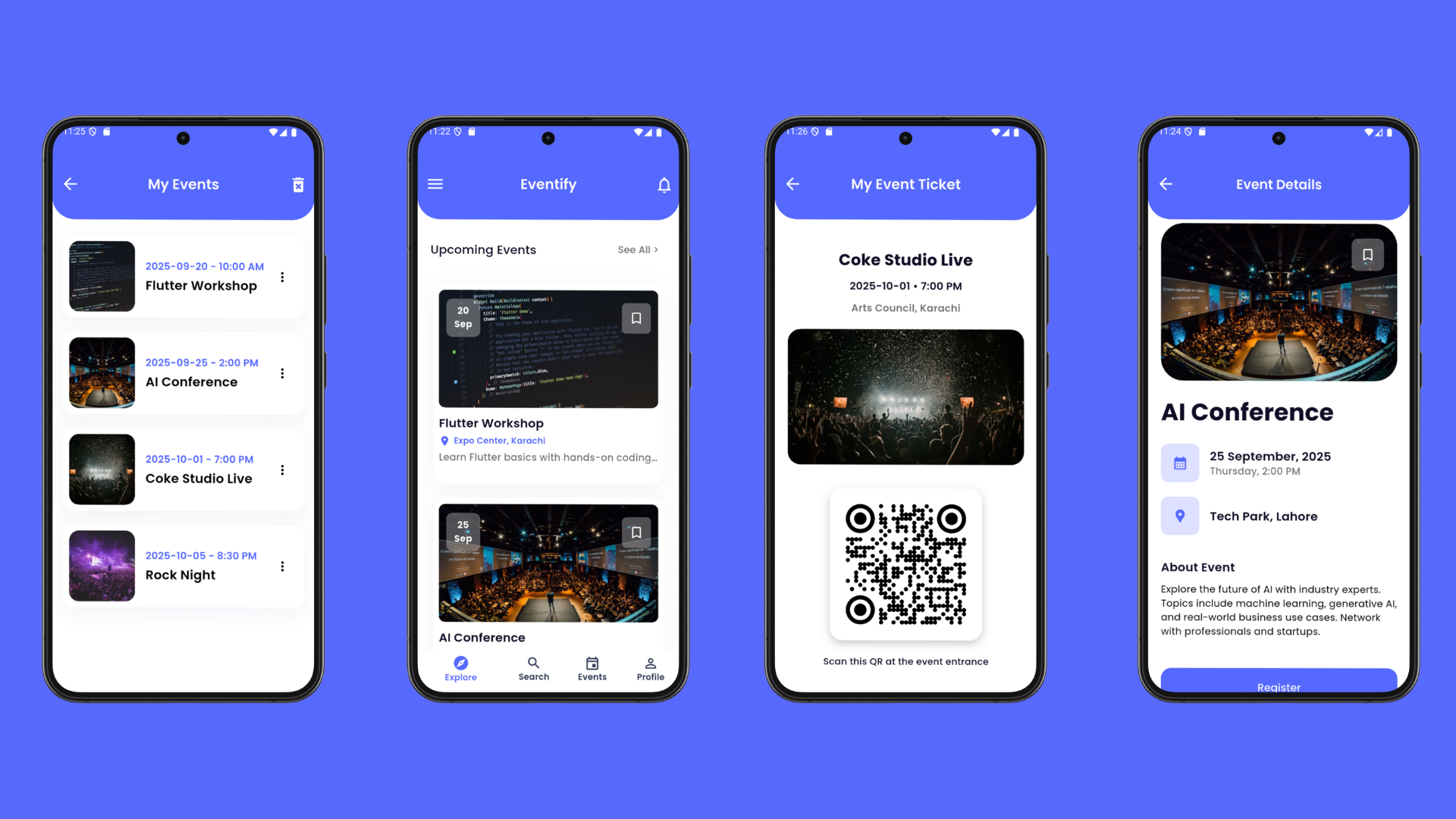 Eventify app screens: event registration, bookmarking, and QR ticket generation